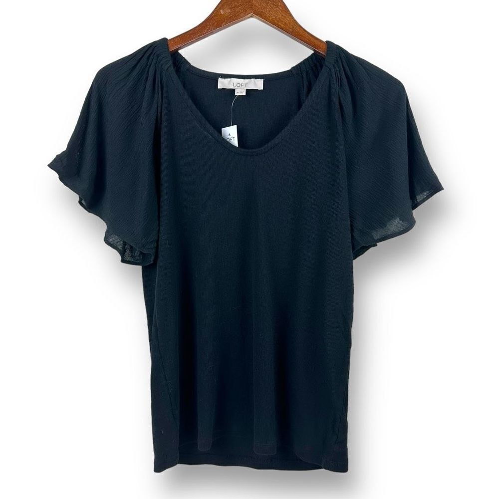 Loft Women's Size M Flare Sleeve Crepe Tee‎ Blouse Black Statement Sleeve New